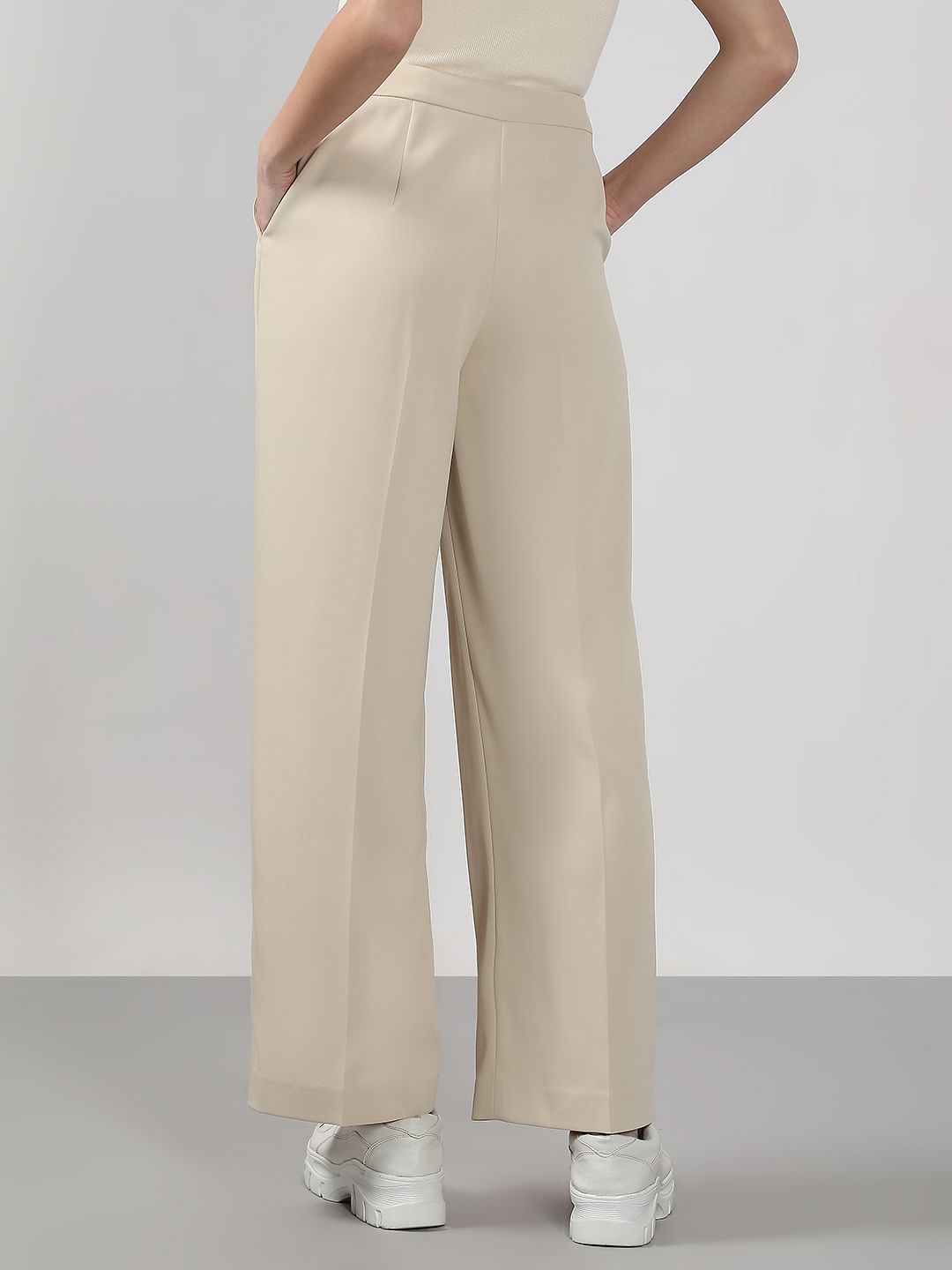 Beige High Rise Flared Pants