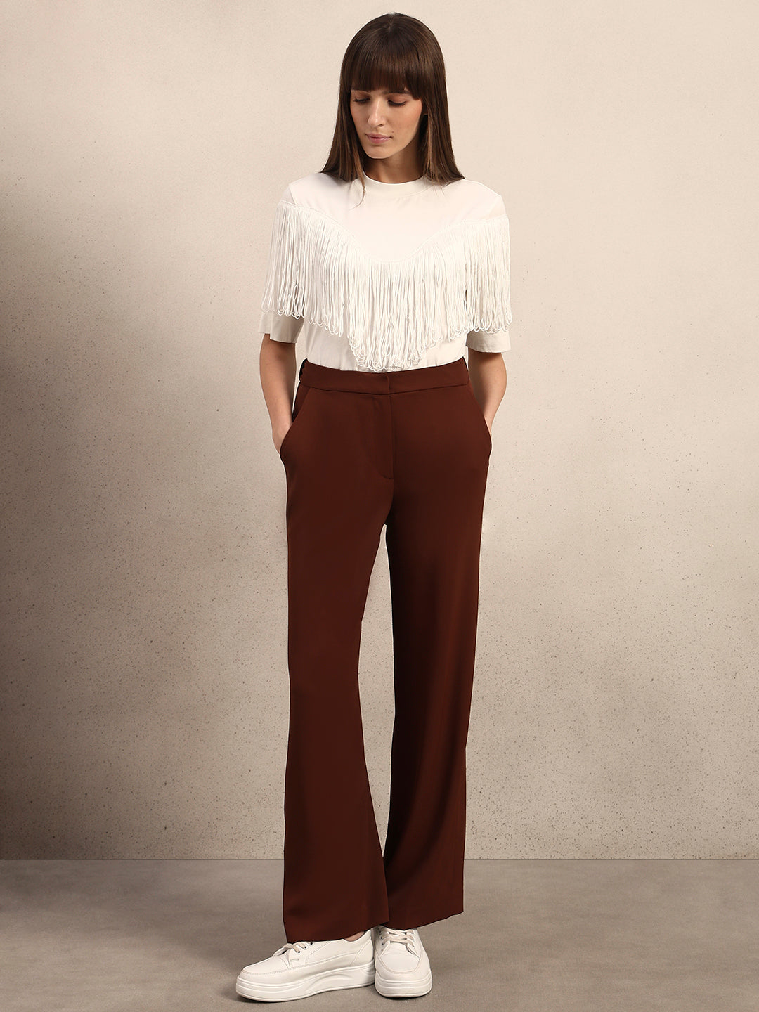 High Rise Wide Leg Pants - Brown