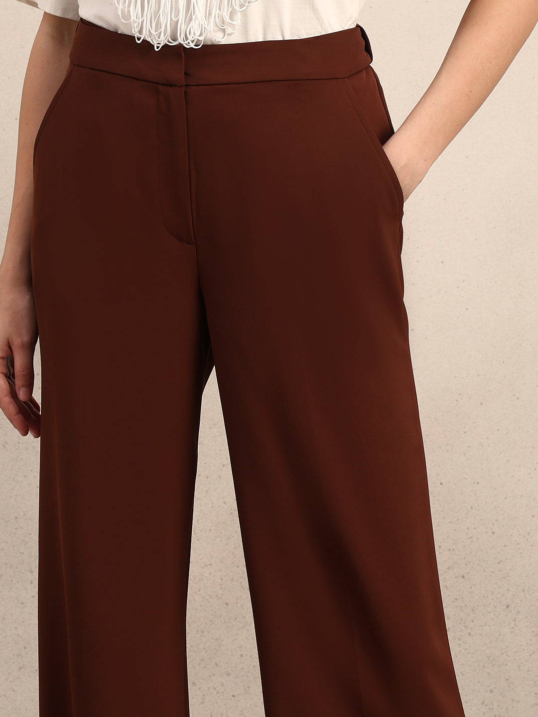 High Rise Wide Leg Pants - Brown