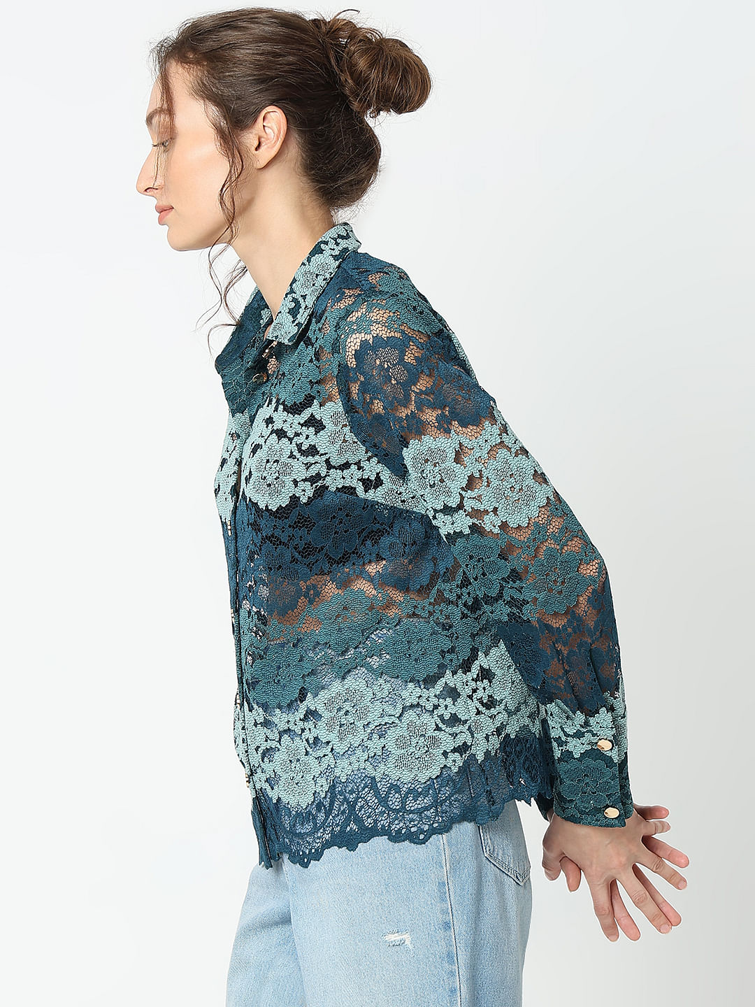 Teal Lace Full Sleeves Shirt