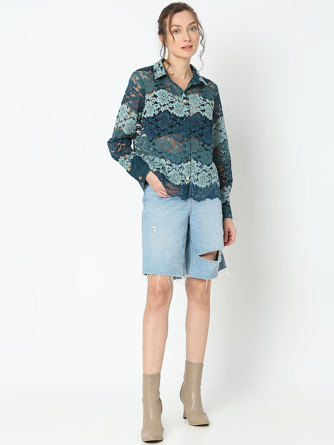 Teal Lace Full Sleeves Shirt