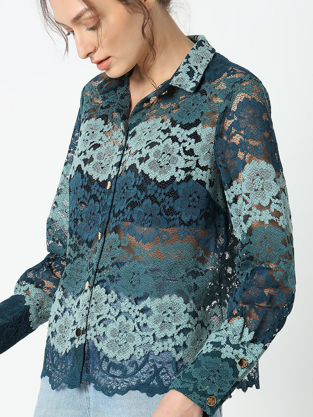Teal Lace Full Sleeves Shirt