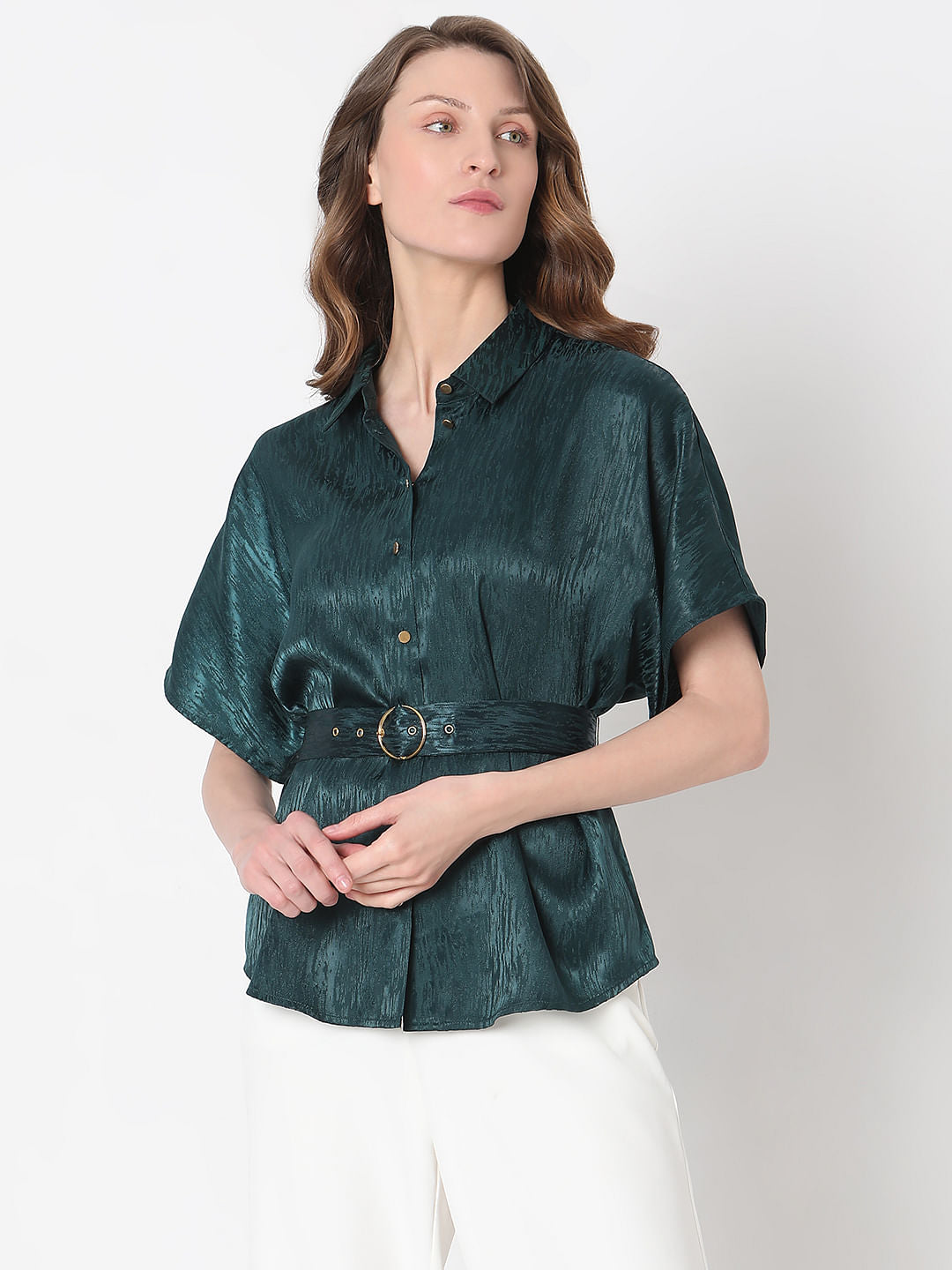 Dark Green Jacquard Satin Shirt