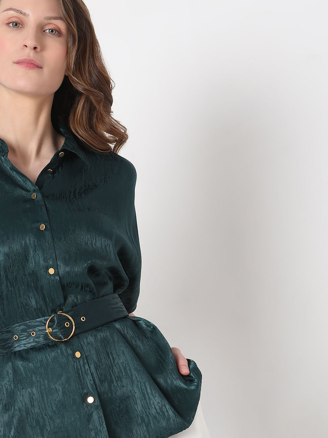 Dark Green Jacquard Satin Shirt