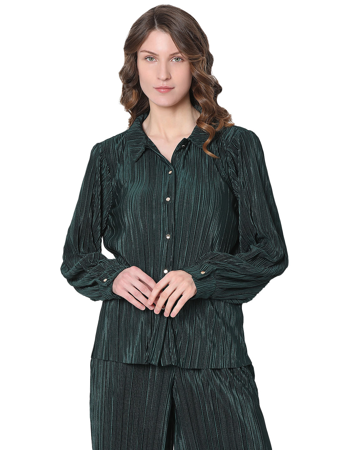 Dark Green Plisse Co-Ord Set Shirt