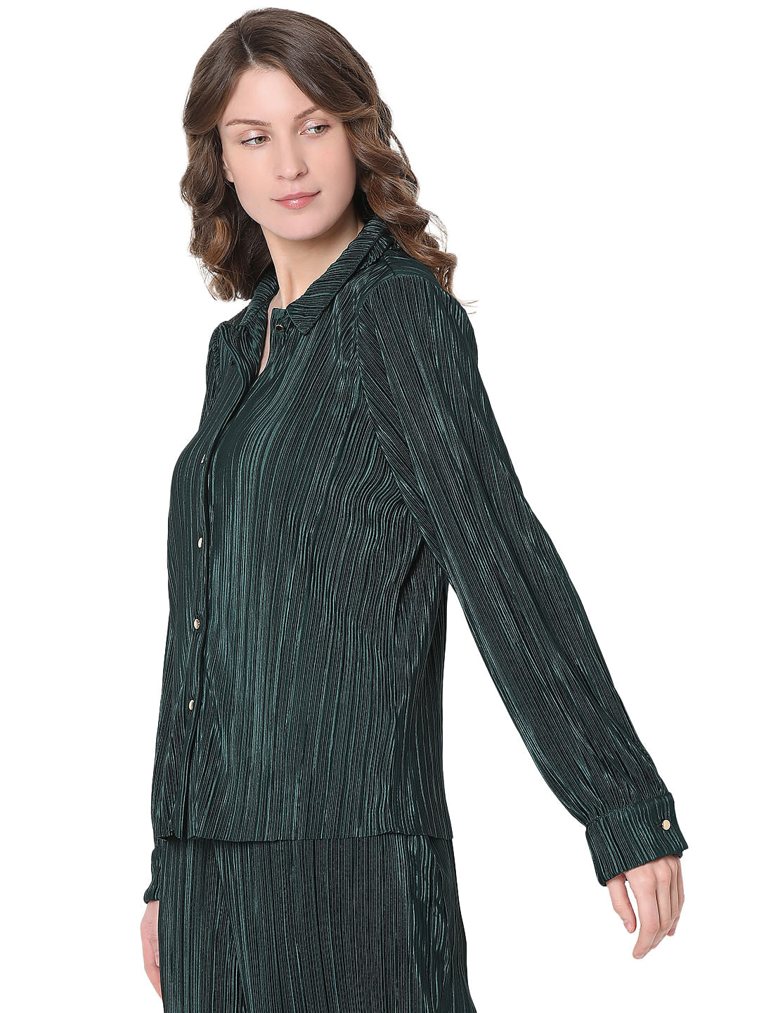 Dark Green Plisse Co-Ord Set Shirt