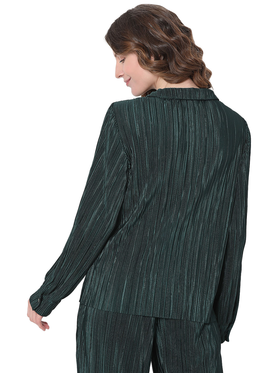 Dark Green Plisse Co-Ord Set Shirt