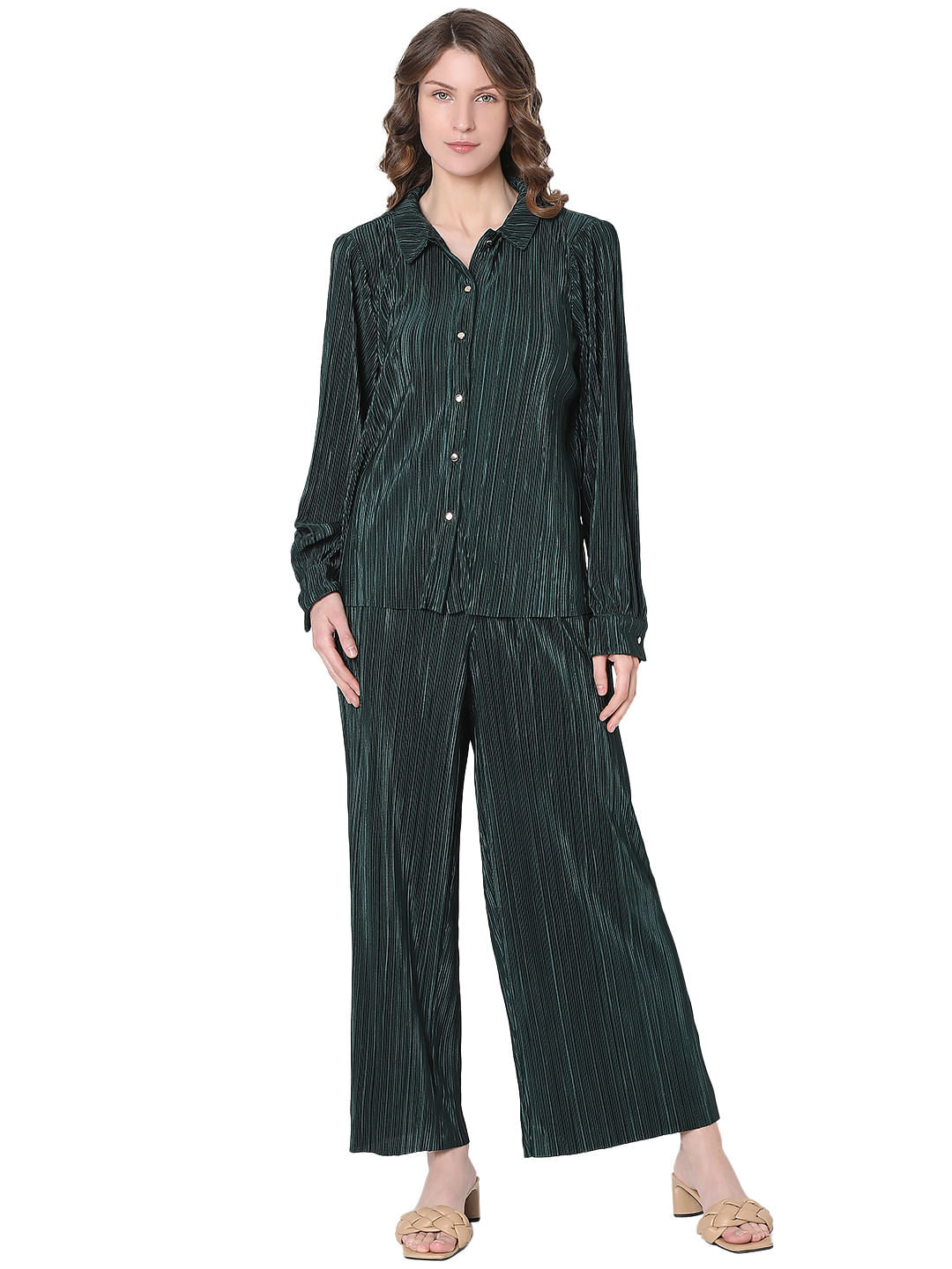 Dark Green Plisse Co-Ord Set Shirt