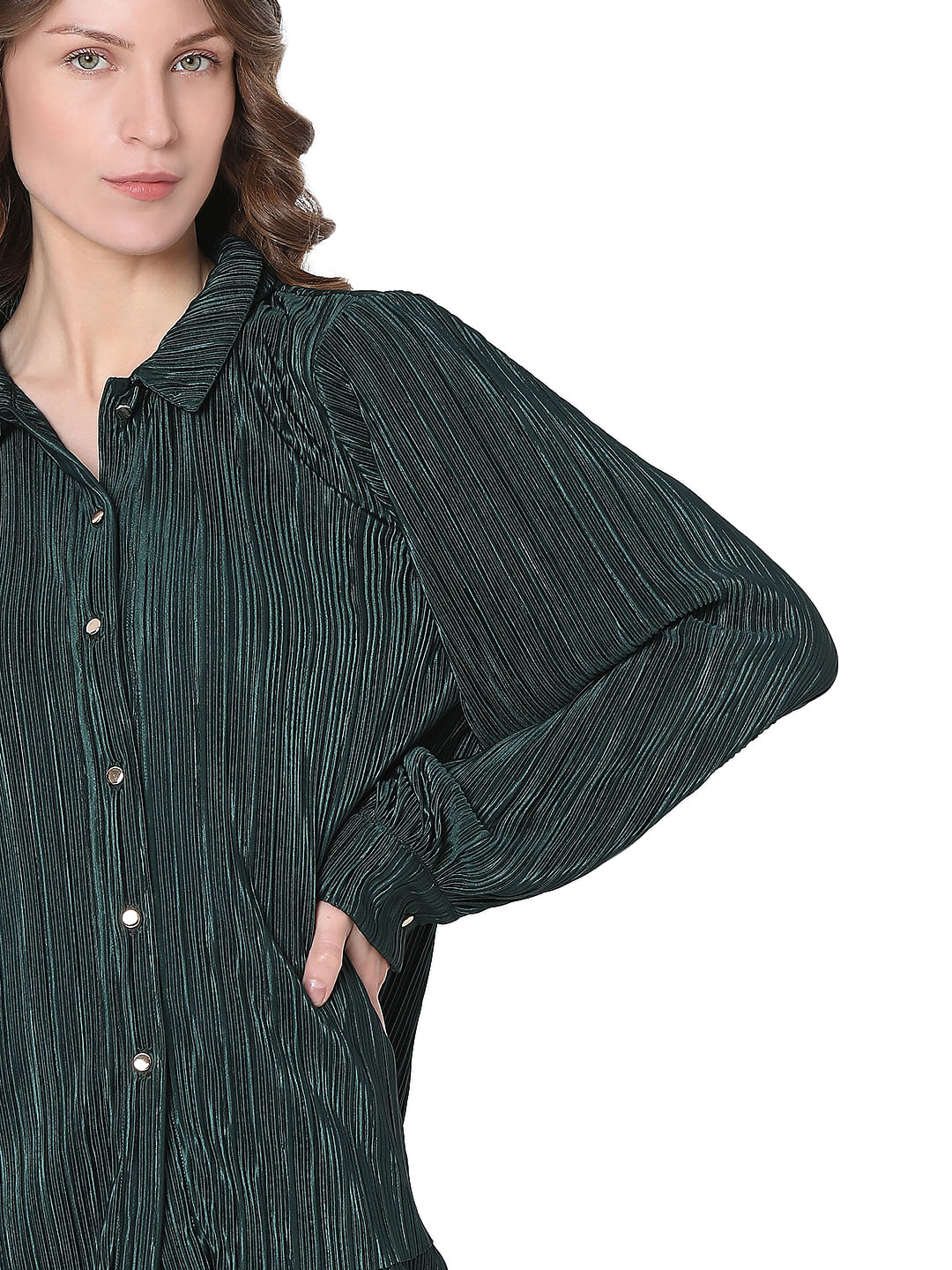 Dark Green Plisse Co-Ord Set Shirt