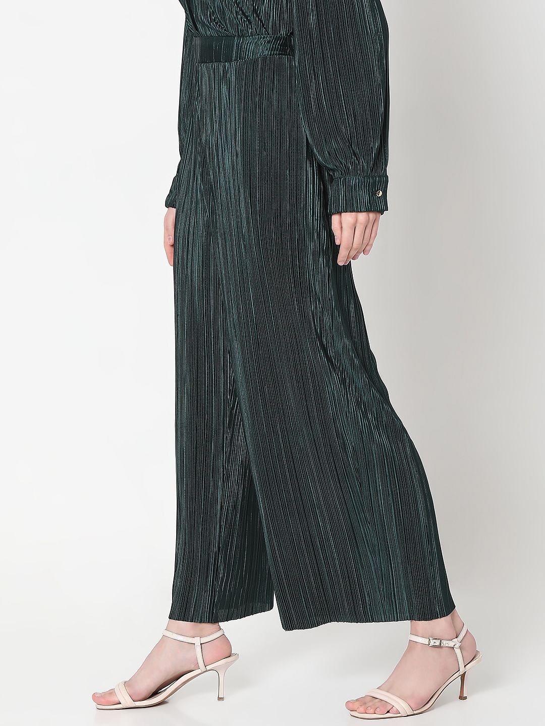 Dark Green Plisse Co-Ord Set Pants