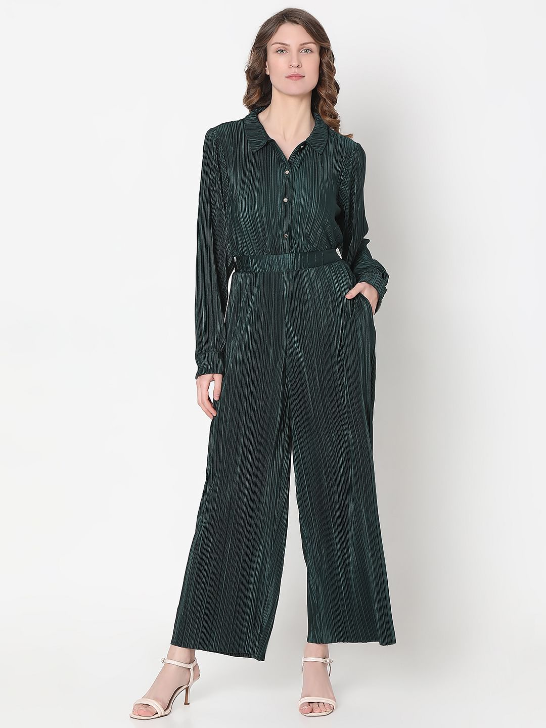 Dark Green Plisse Co-Ord Set Pants