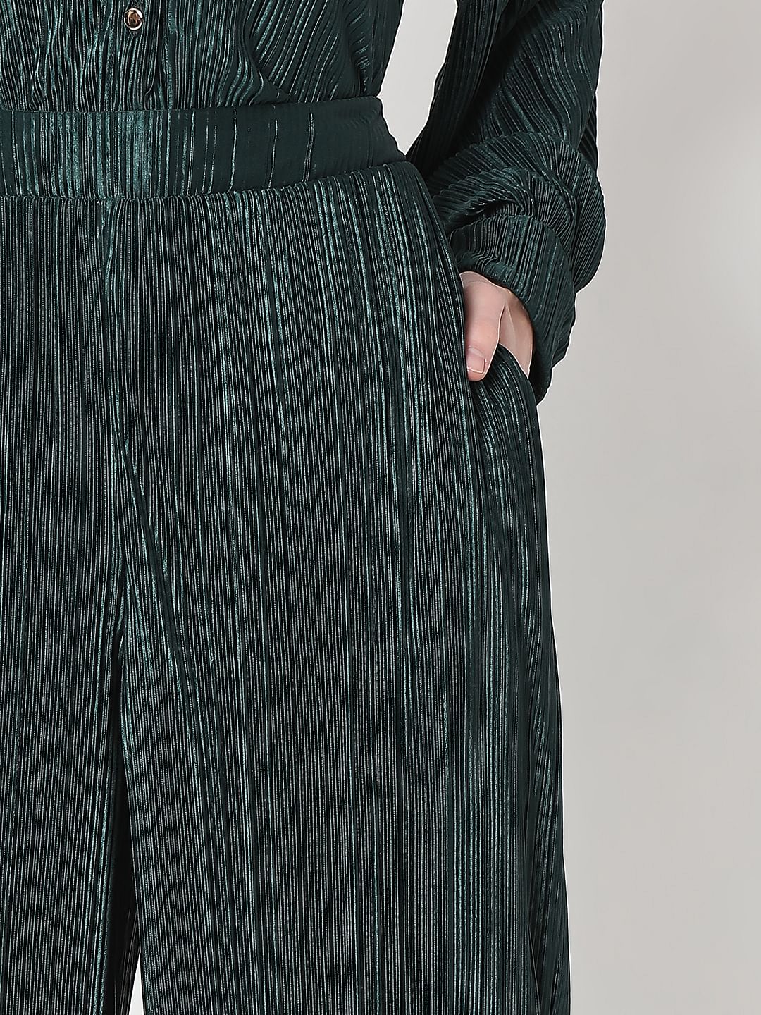 Dark Green Plisse Co-Ord Set Pants