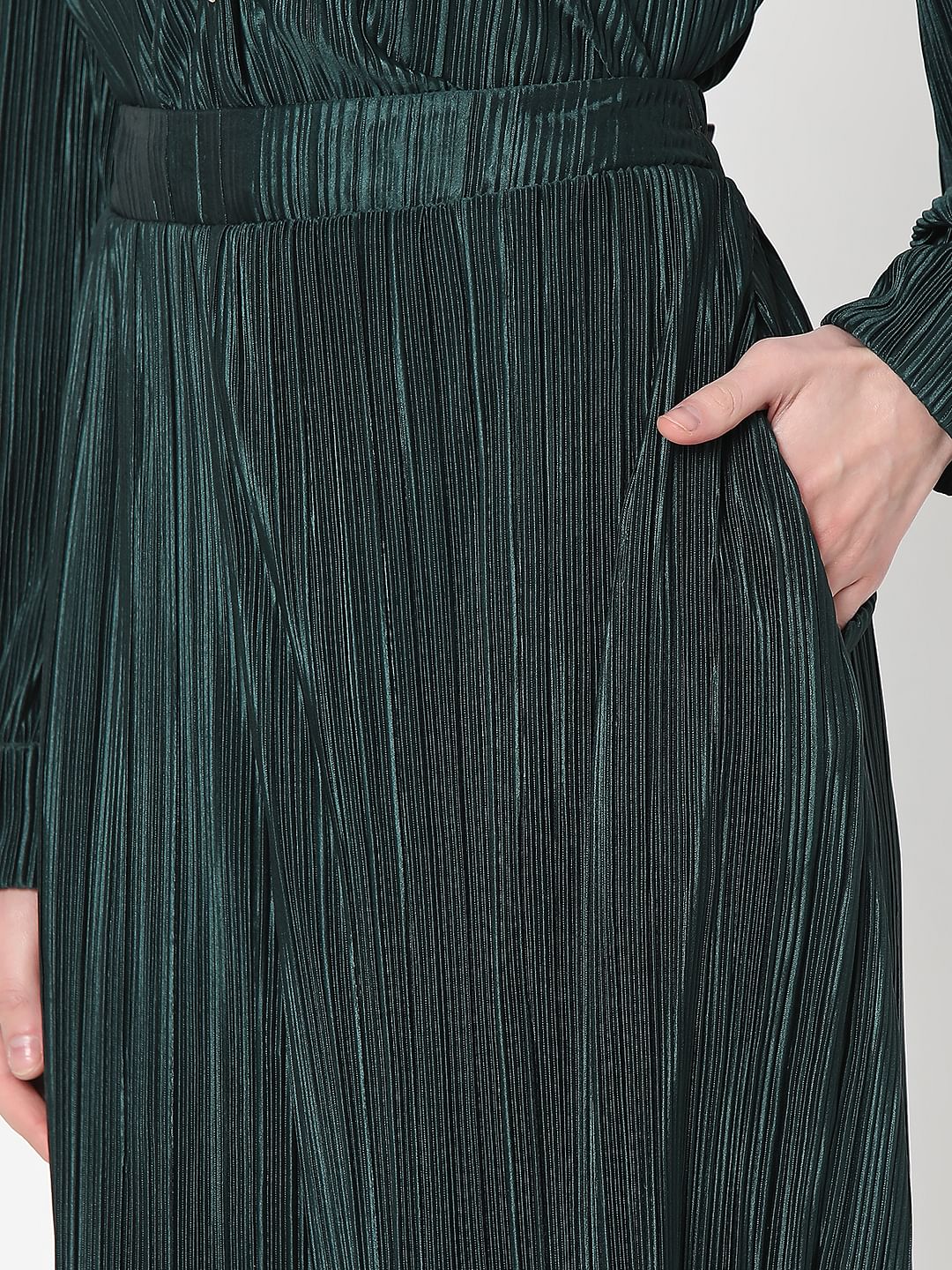 Dark Green Plisse Co-Ord Set Pants