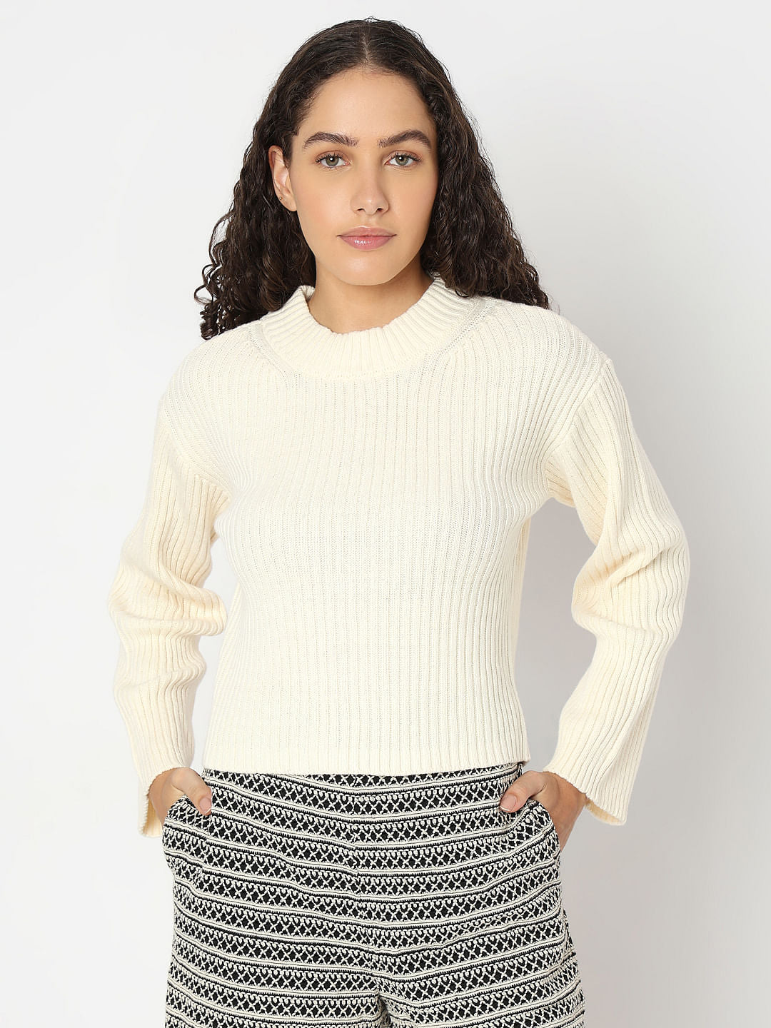 Ecru Ribbed Knitted Pullover