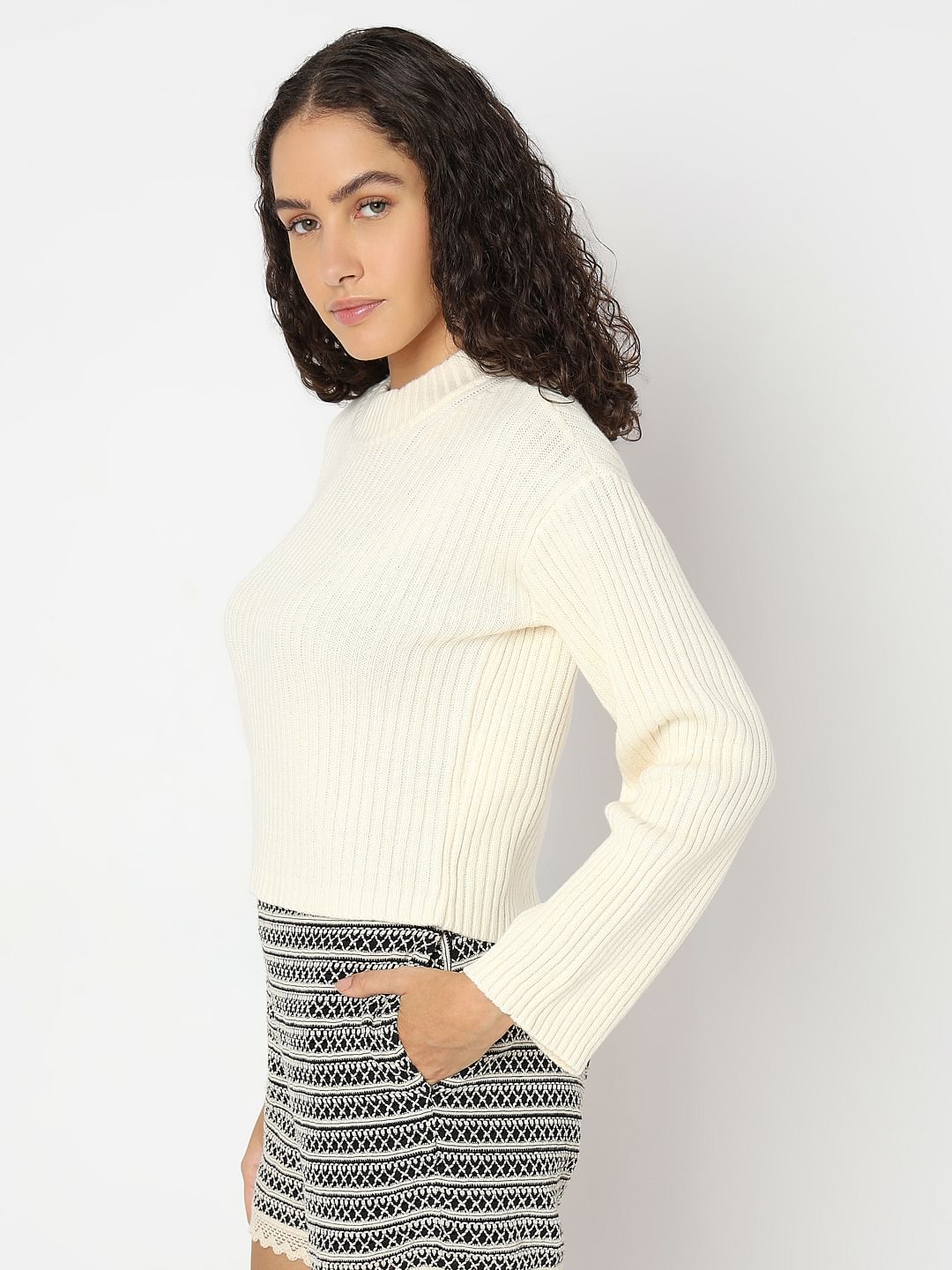 Ecru Ribbed Knitted Pullover