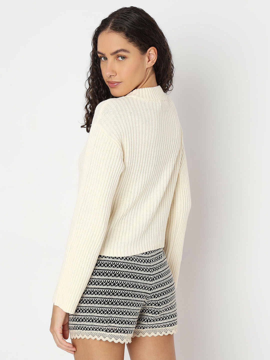 Ecru Ribbed Knitted Pullover