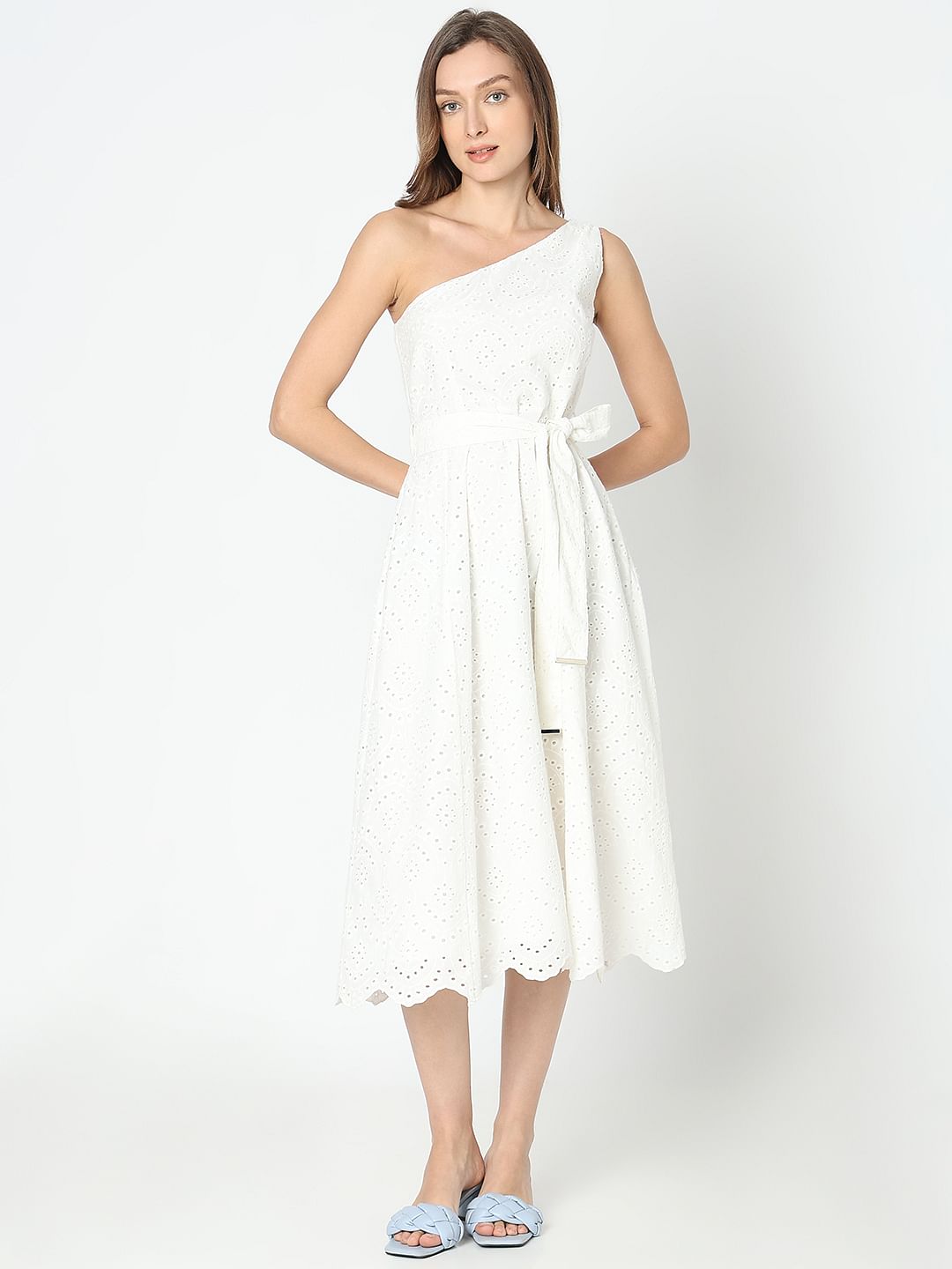 White Schiffli One-Shoulder Dress