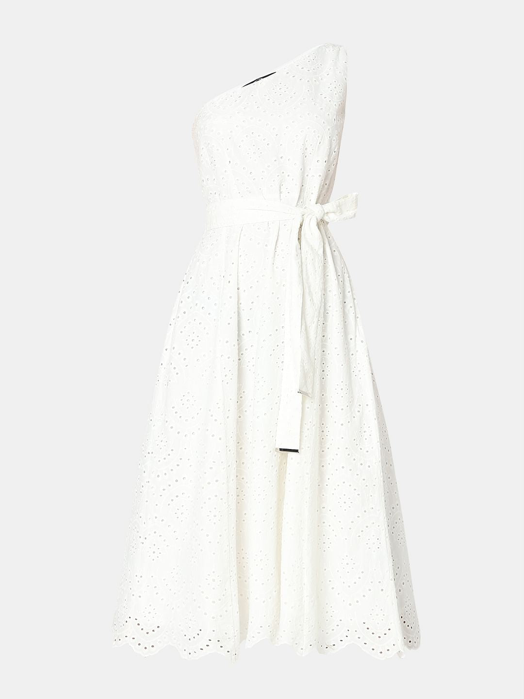 White Schiffli One-Shoulder Dress