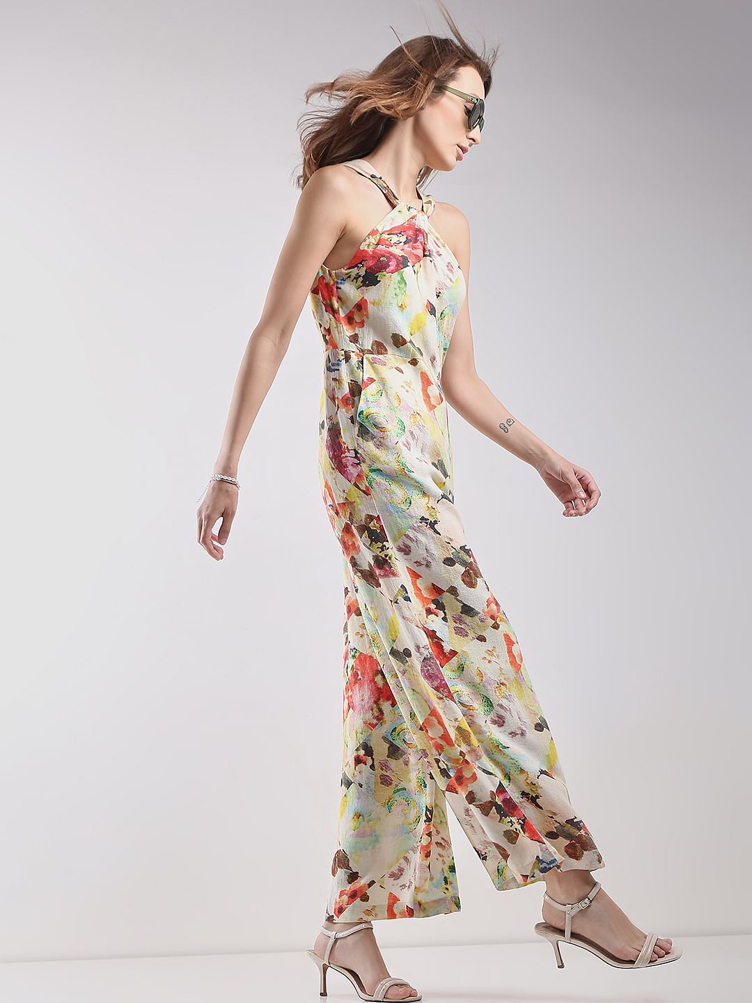 Beige Printed Halter Neck Jumpsuit