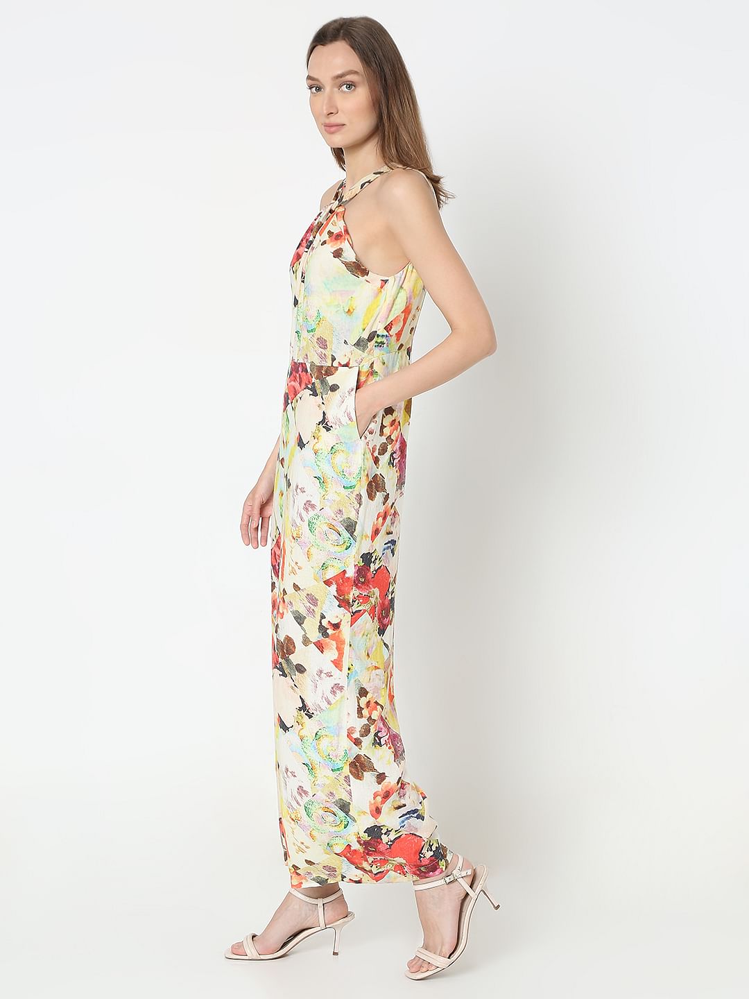 Beige Printed Halter Neck Jumpsuit