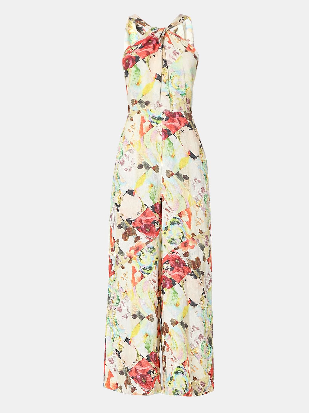 Beige Printed Halter Neck Jumpsuit