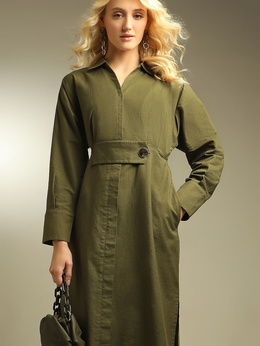 Green Cotton Shirt Dress