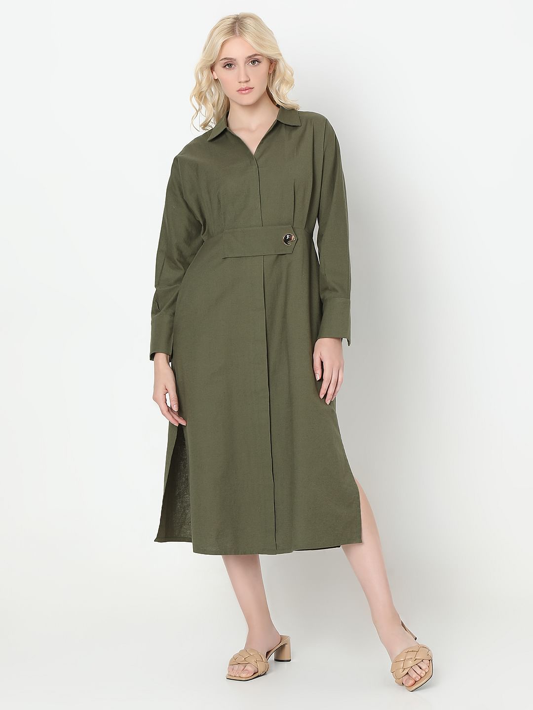 Green Cotton Shirt Dress