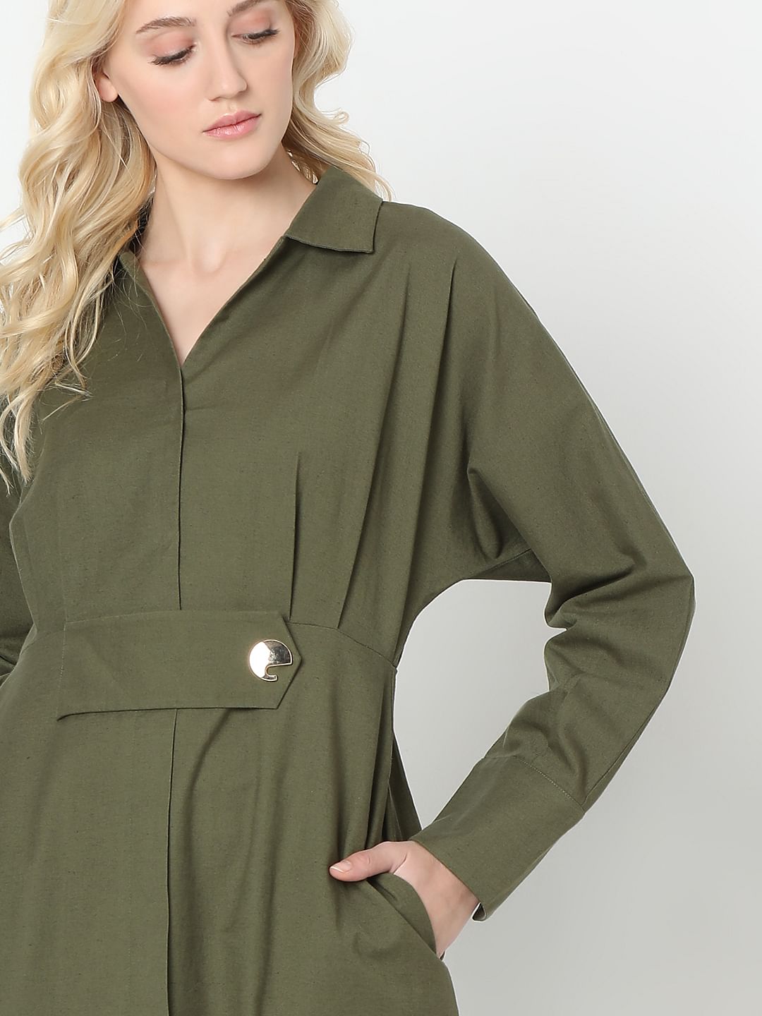 Green Cotton Shirt Dress