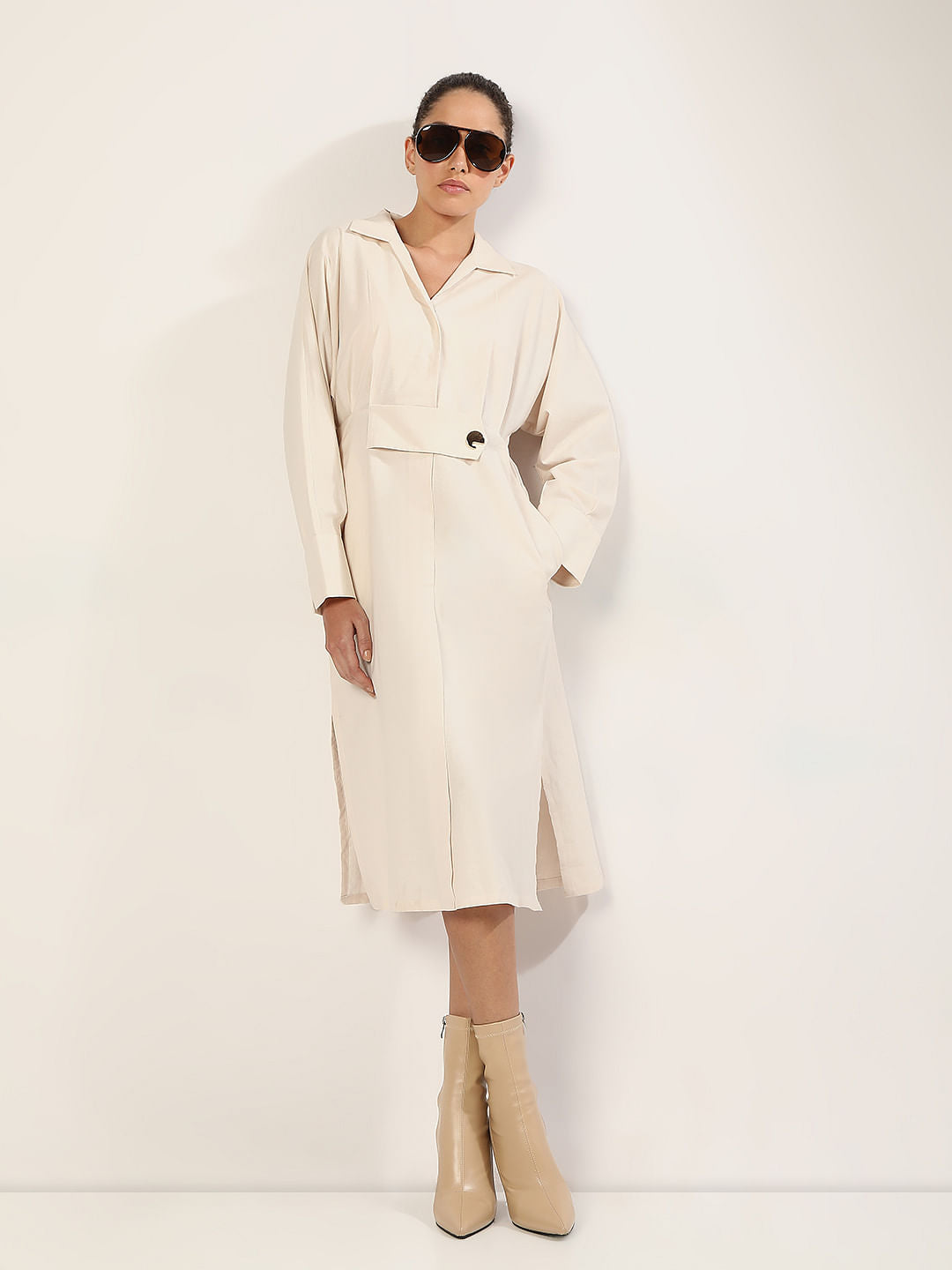 off white shirt dress White Denim Shirt Dress in Midi Length ESTI