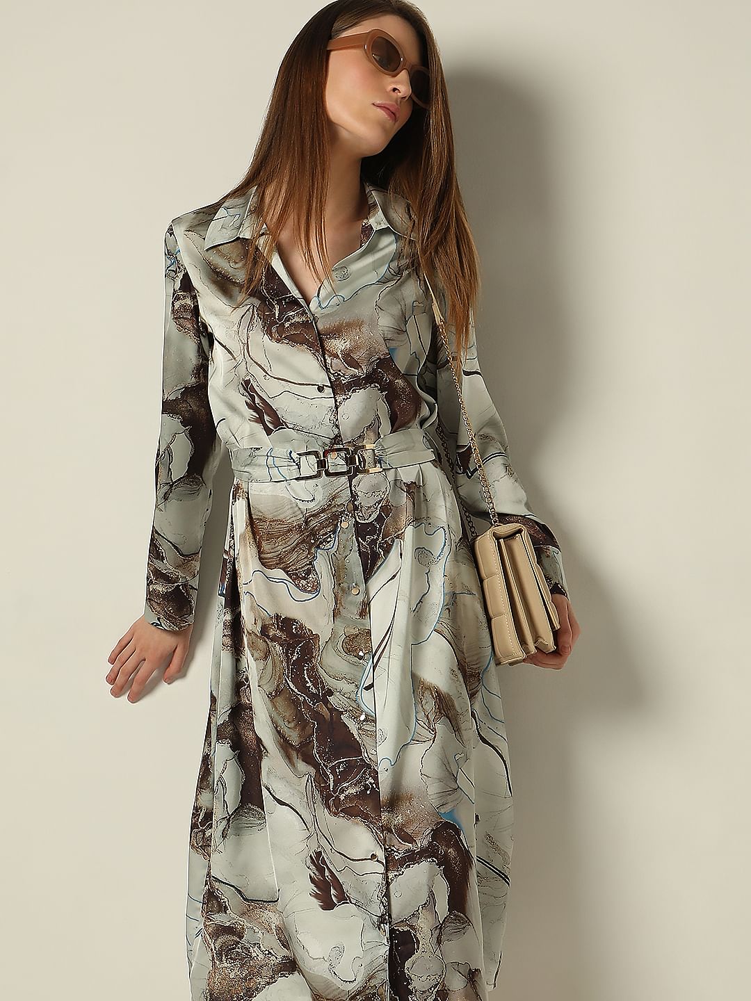 Grey Printed Midi Shirt Dress