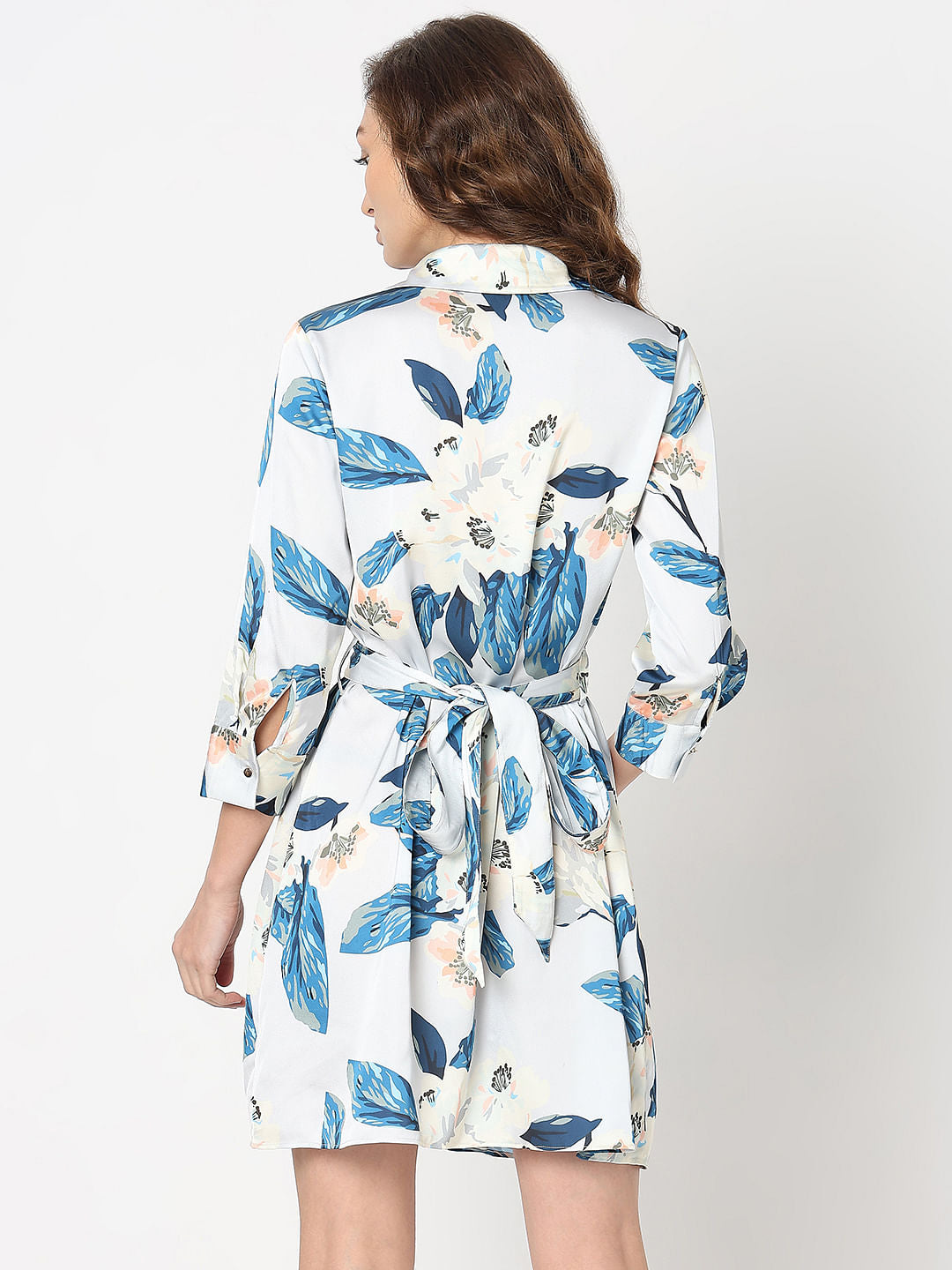 Blue Leafy Print Shirt Dress