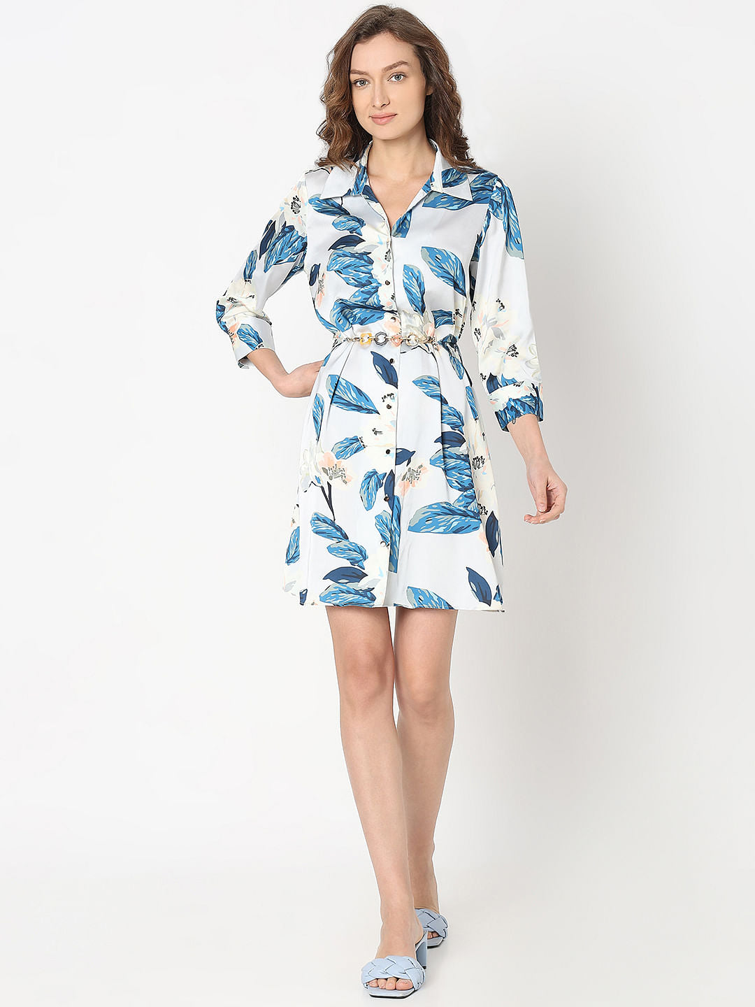 Blue Leafy Print Shirt Dress
