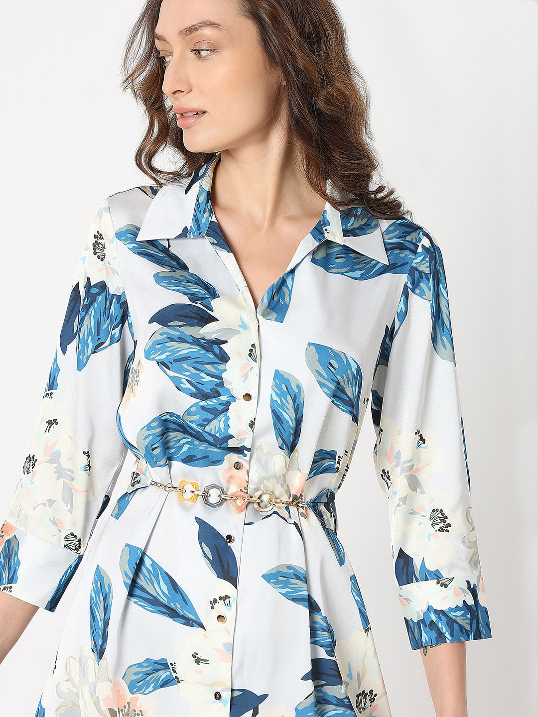 Blue Leafy Print Shirt Dress