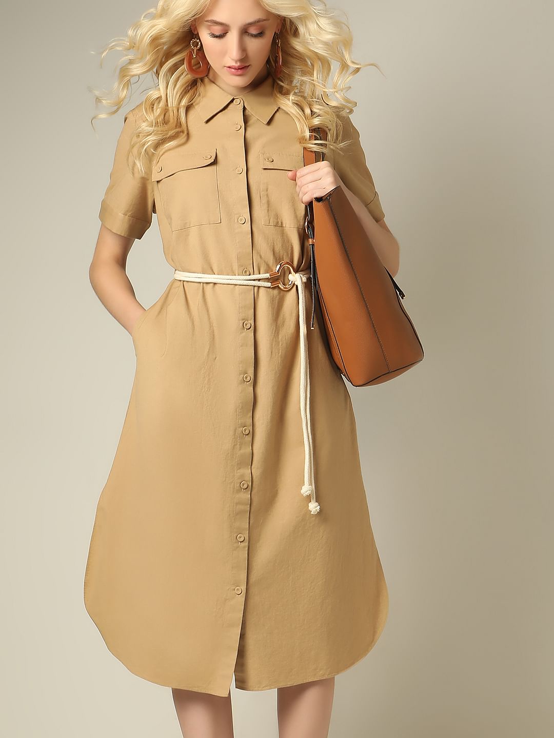 Beige Midi Shirt Dress