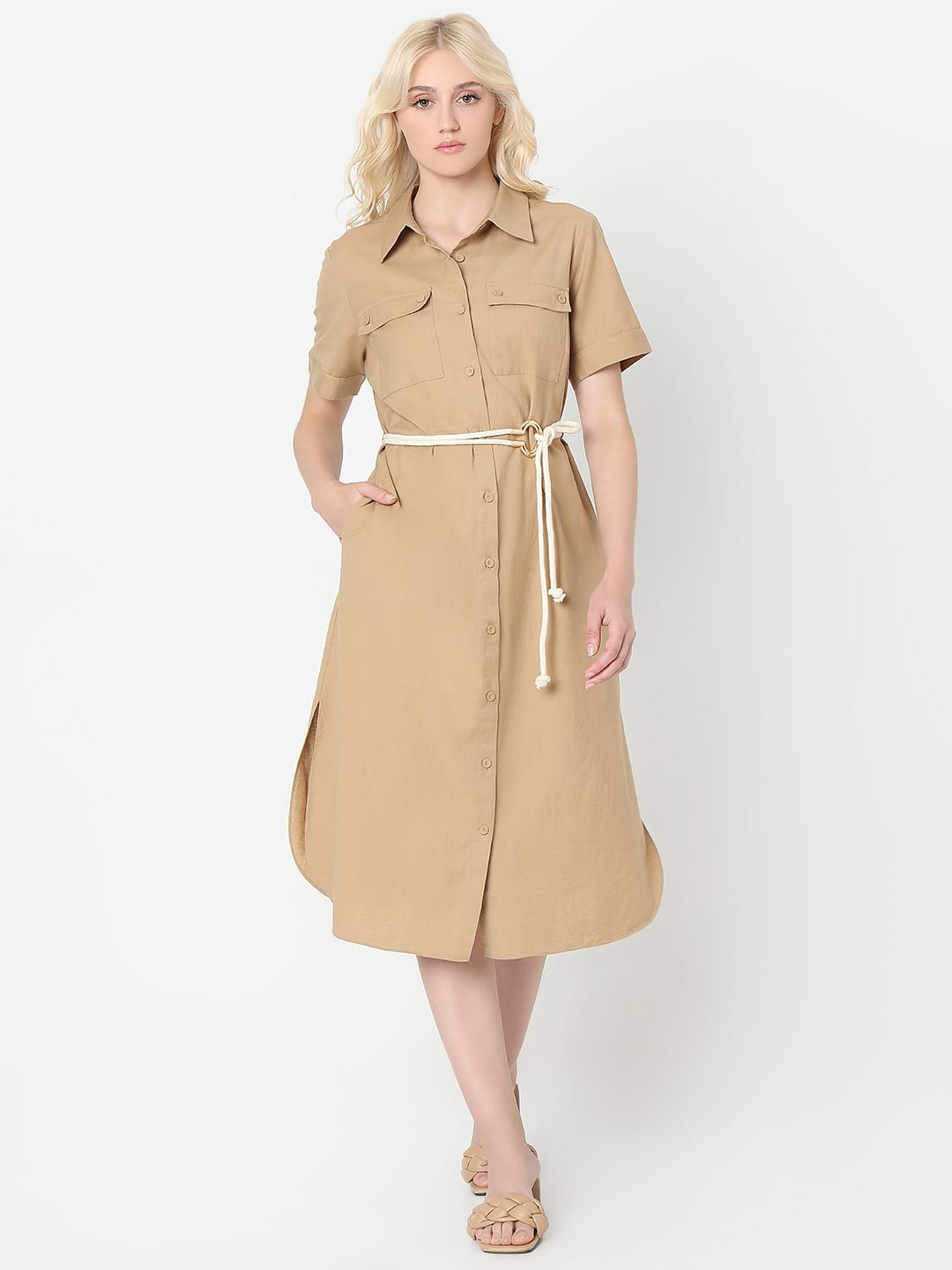 Beige Midi Shirt Dress