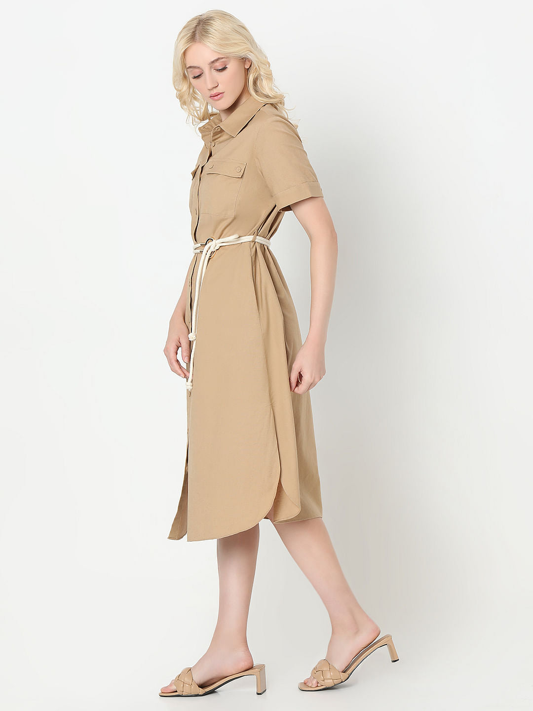 Beige Midi Shirt Dress