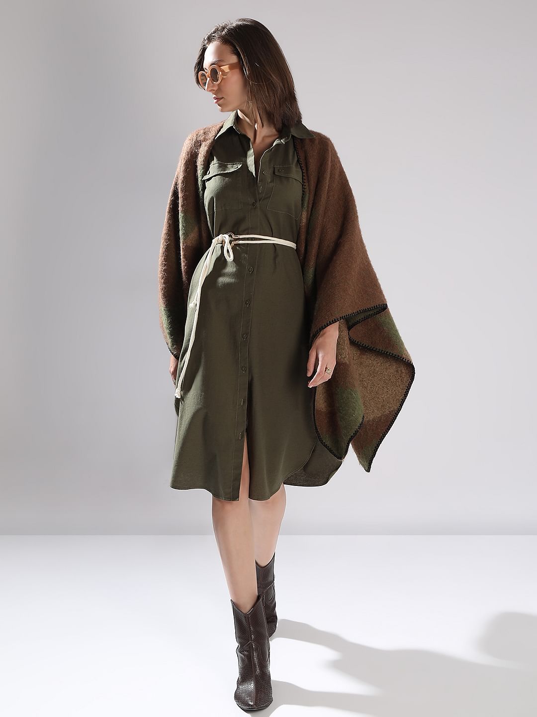 Dark Green Cotton Shirt Dress