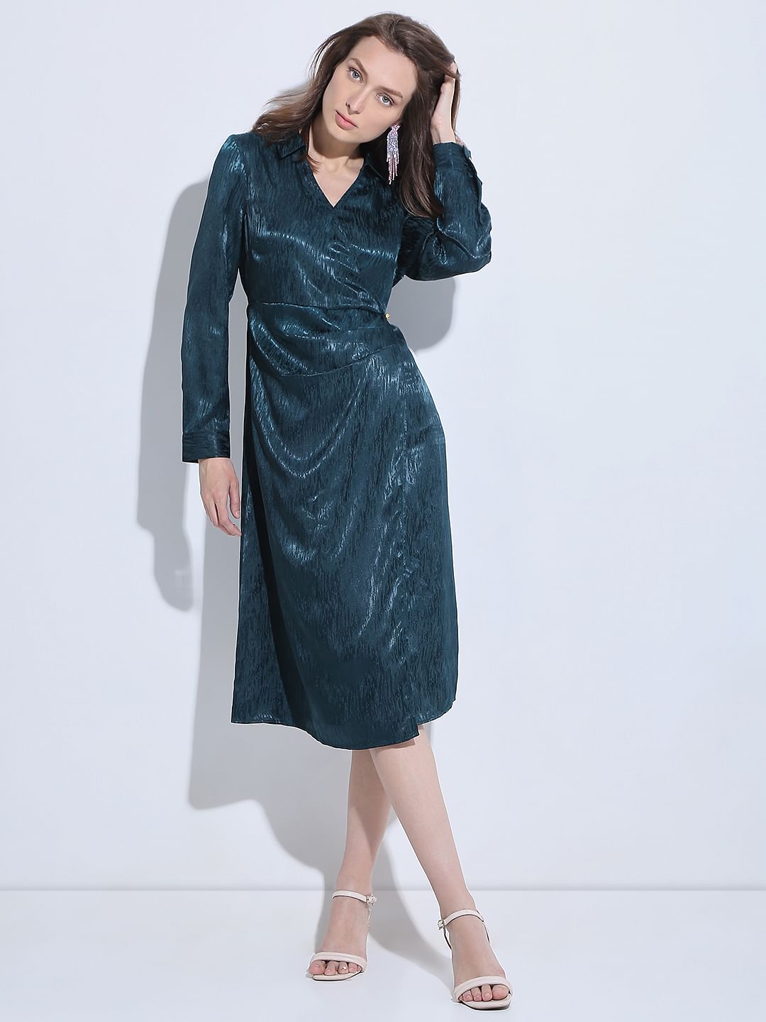 dark green wrap midi dress Green Wrap Top Belted Short Sleeve Plisse Midi Dress – AX Paris