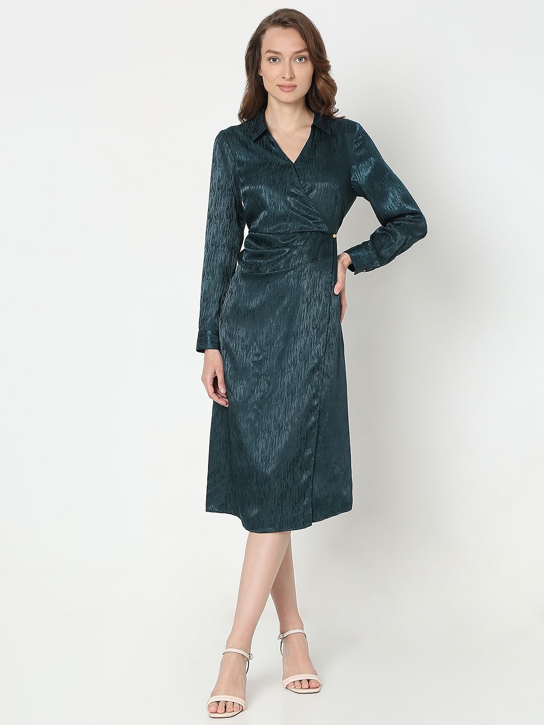 Dark Green Mock Wrap Midi Dress