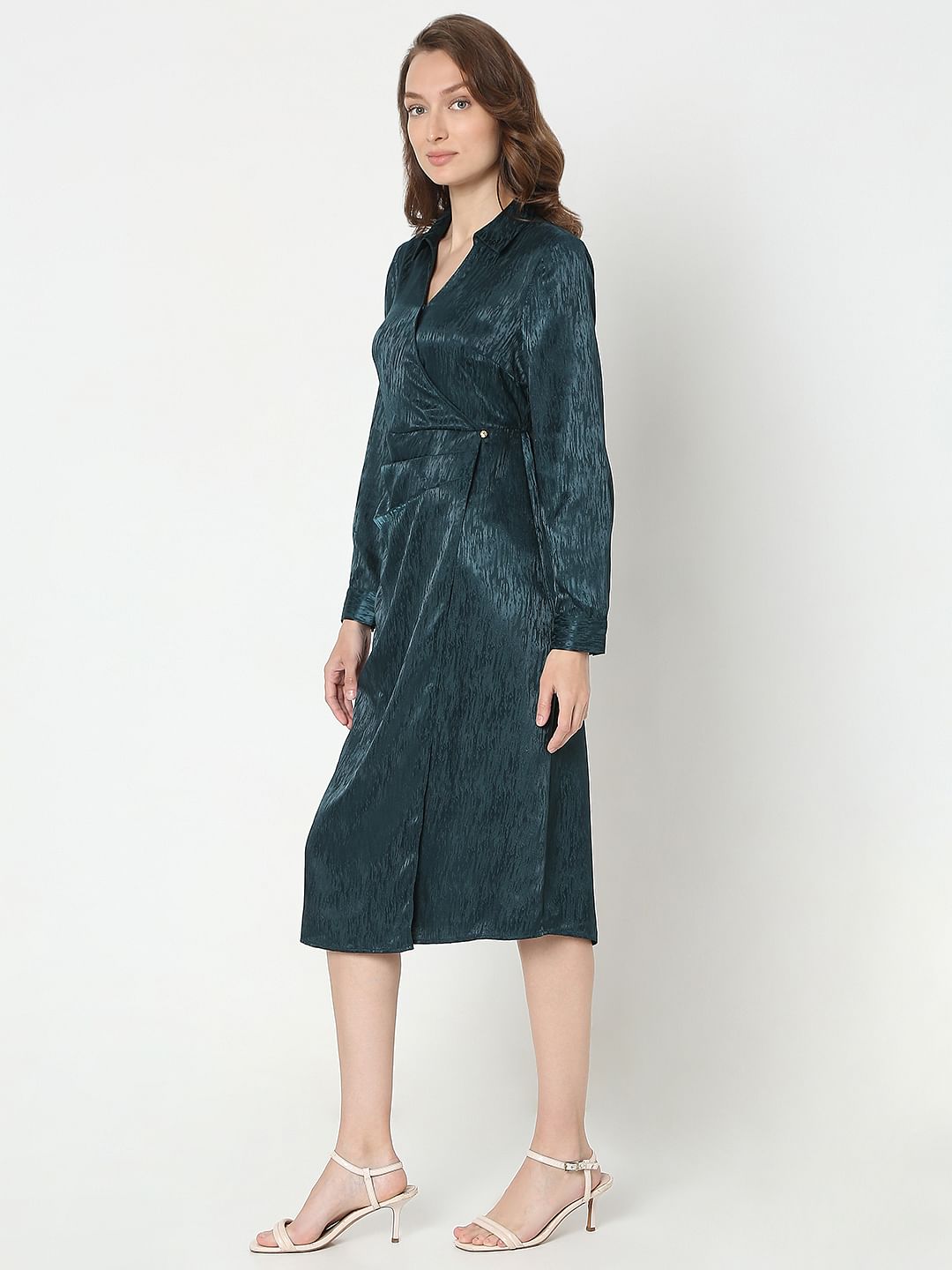 Dark Green Mock Wrap Midi Dress