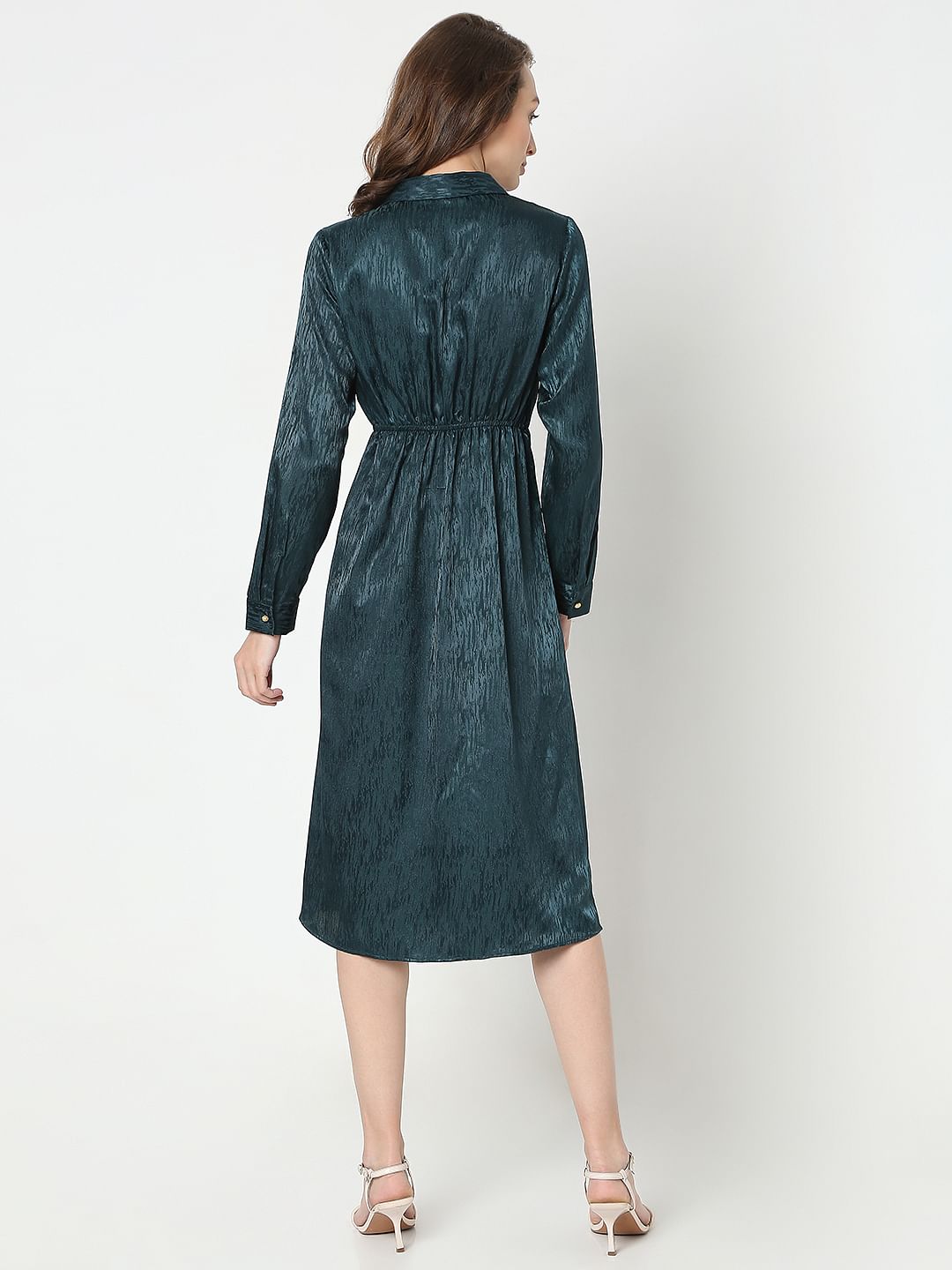 Dark Green Mock Wrap Midi Dress