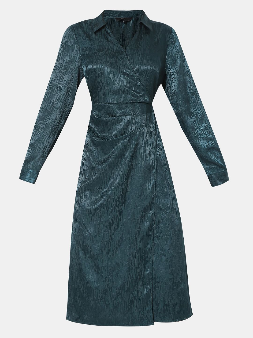 Dark Green Mock Wrap Midi Dress