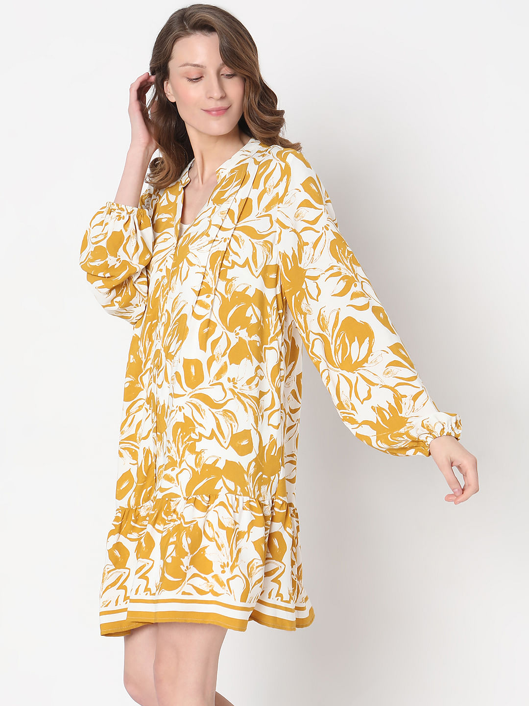 Yellow Abstract Print Midi Dress