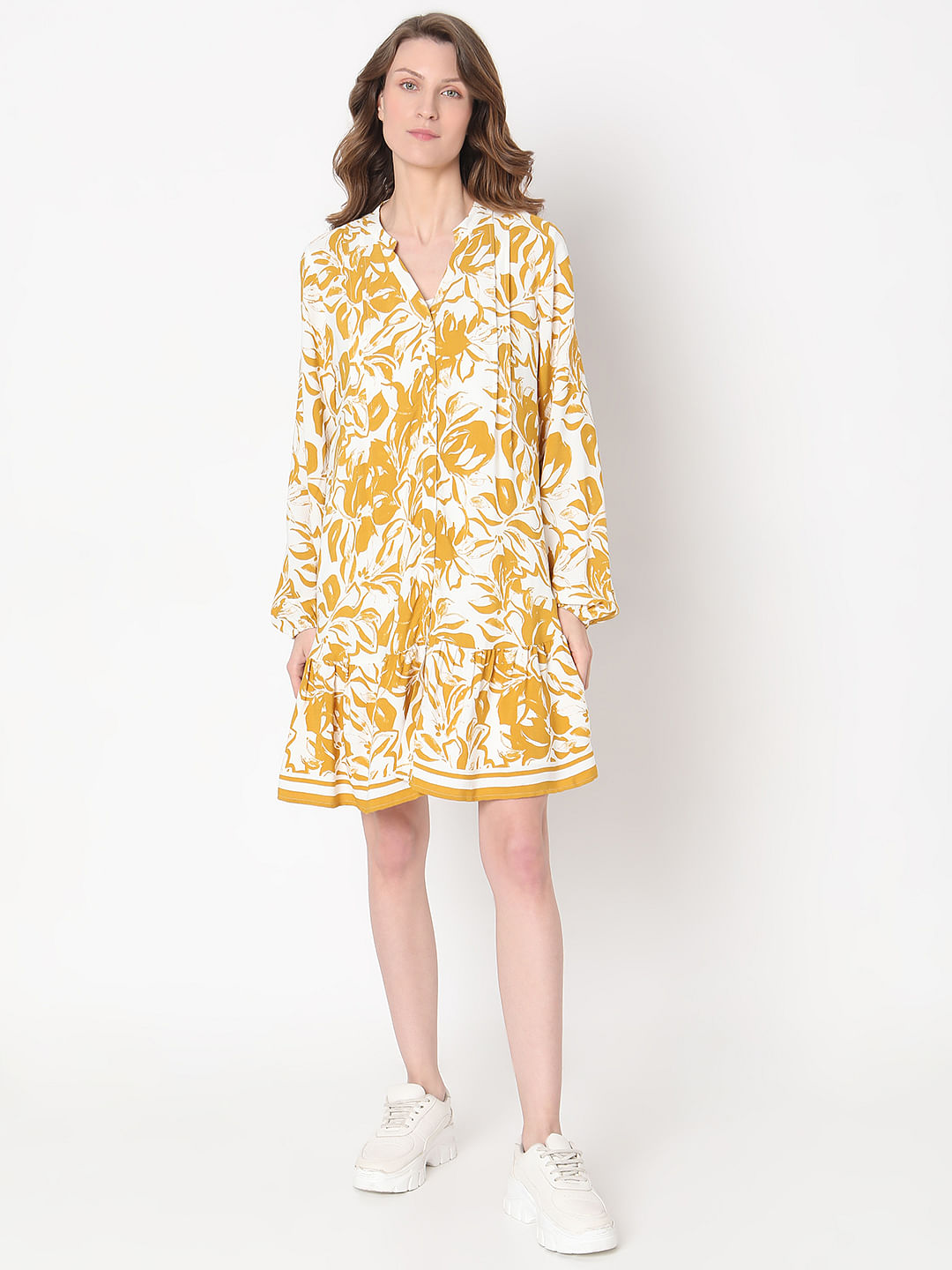 Yellow Abstract Print Midi Dress