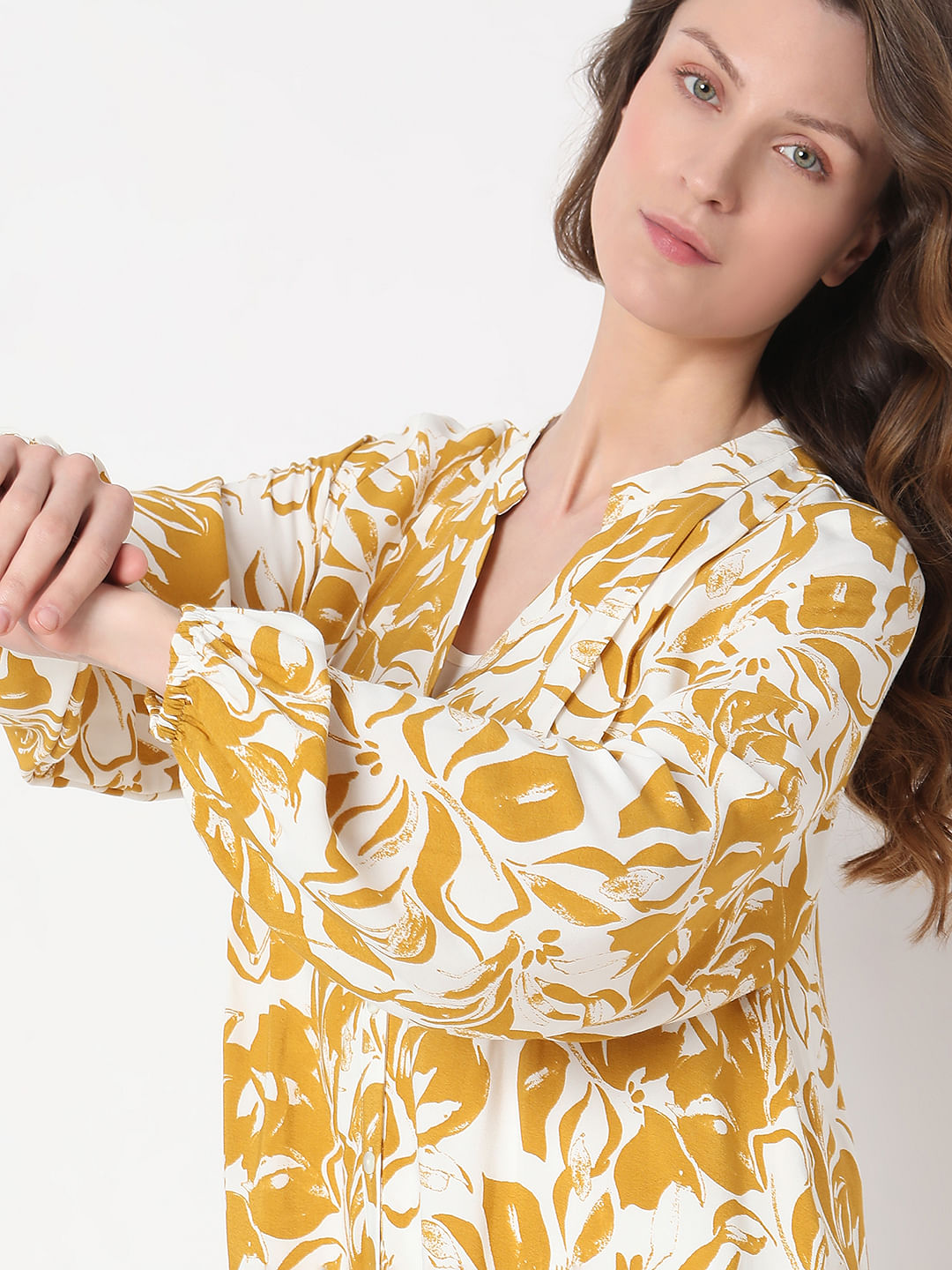 Yellow Abstract Print Midi Dress