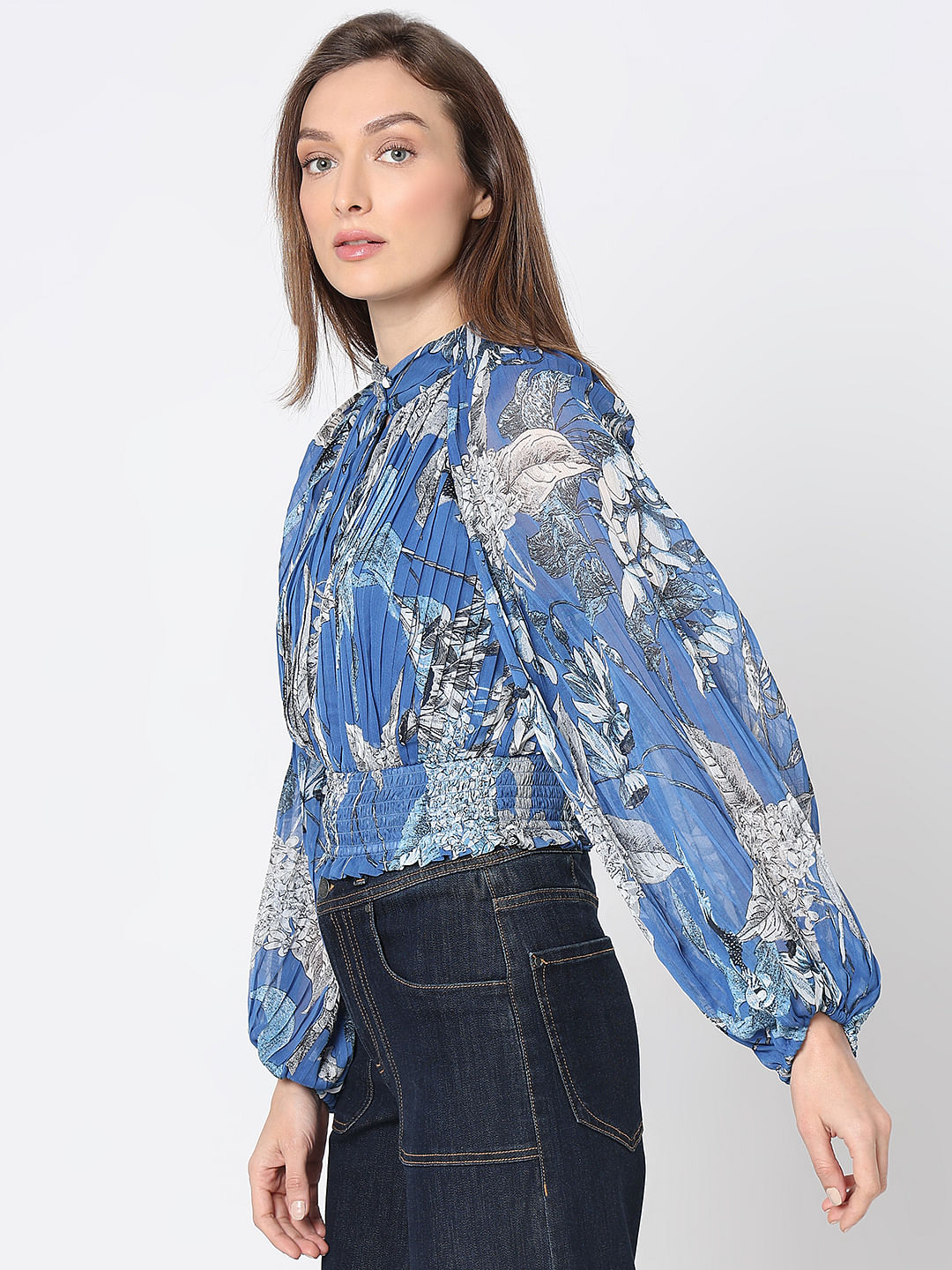 Blue Floral Pleated Top