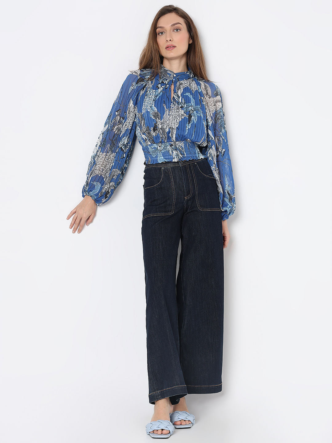 Blue Floral Pleated Top