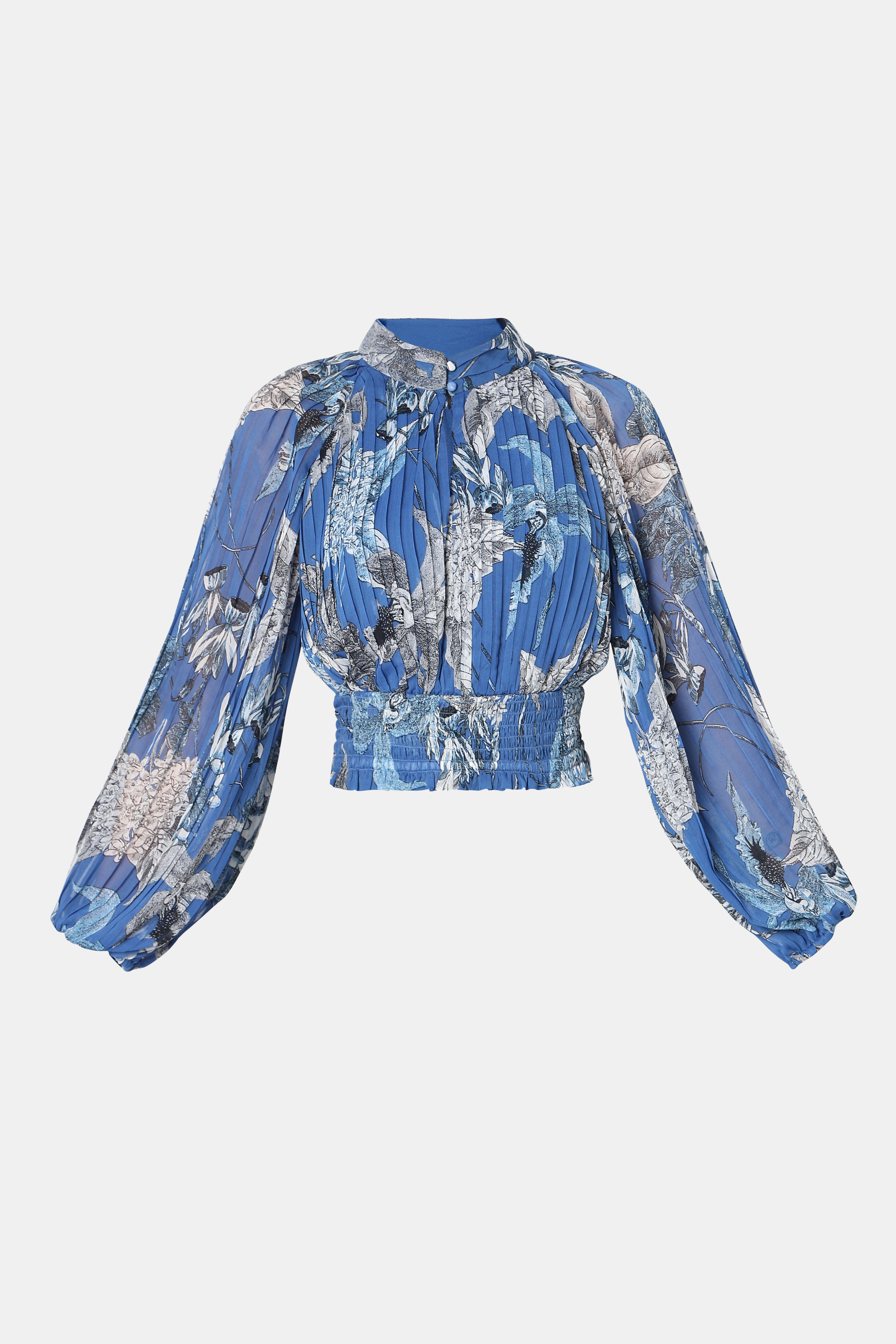 Blue Floral Pleated Top