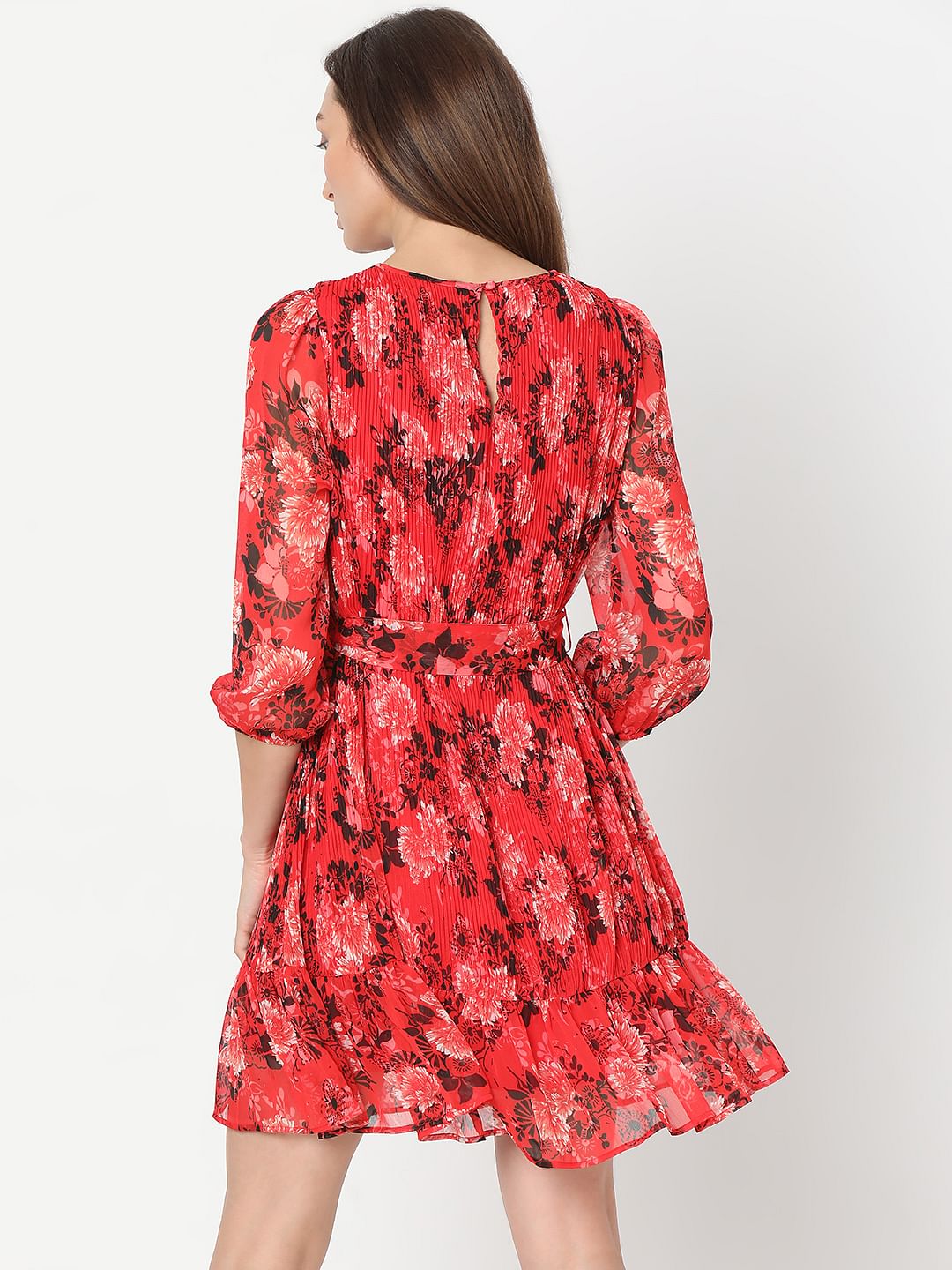 Red Floral Pleated Dress