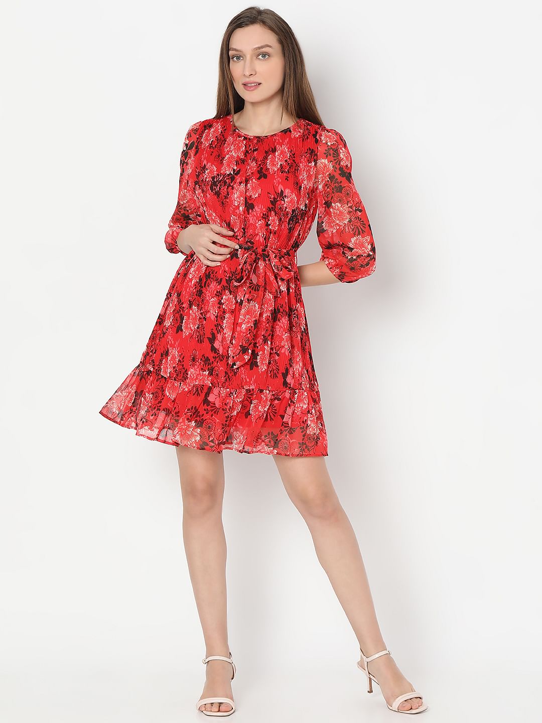 Red Floral Pleated Dress